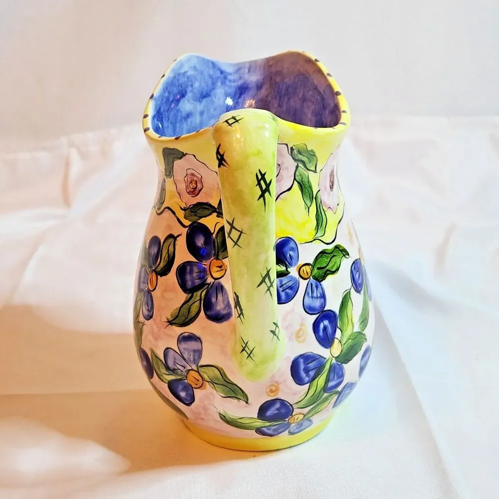 Hand Painted Floral Ceramic Pitcher Vase Signed Laura 97 Yellow Blue Pink